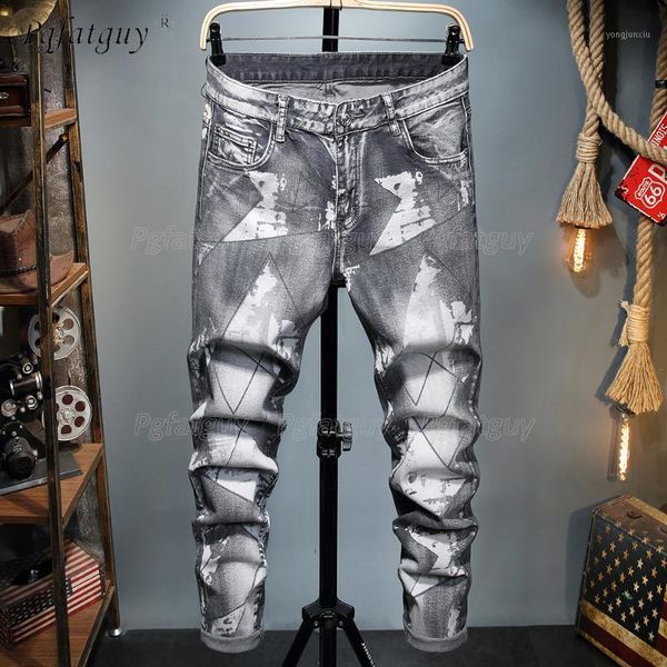 

autumn and winter new style men's slim gray stretch jeans fashion geometrical line printed pencil pants denim trousers male stre1, Blue