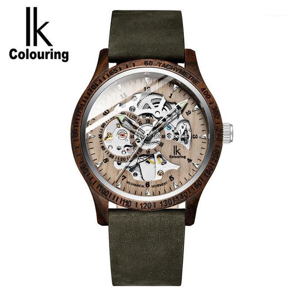 

ik colouring wooden mechanical watch men relogio masculino leather strap wood watch skeleton auto mechanical wristwatch silver1, Slivery;brown