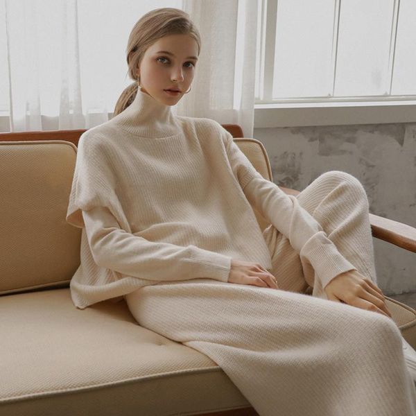 

autumn winter sweater set woman knitted sweater + vest + long pants 3 piece set office lady suit turtleneck knit women, Gray