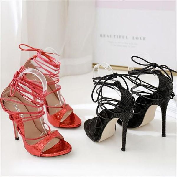 

2021 mature pu solid sandals women lace-up thin high heel cover heel round toe wedding daily party black red size 35-40