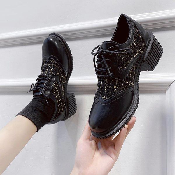 

корейская обувь женская обувь осень все-матч британский стиль круглый носок оксфорды женская повседневная кроссовка 2020 платье падение опря, Black