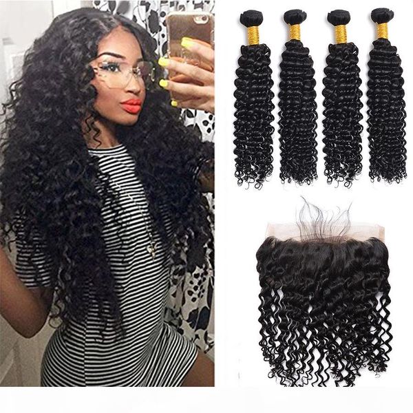 

8a malaysian lace frontal with bundles deep wave hair with 13x4 lace frontal human hair weave with full lace frontal closure bleached knots, Black;brown