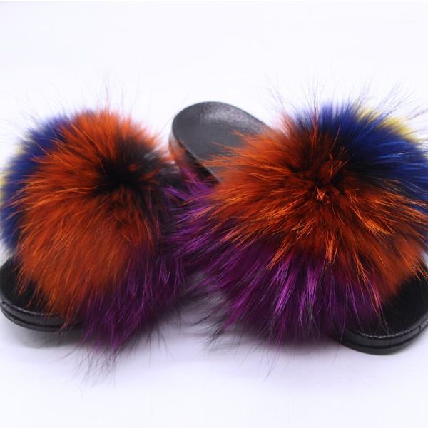 

slippers real solid color fur summer indoor and outdoor non-slip casual1, Black