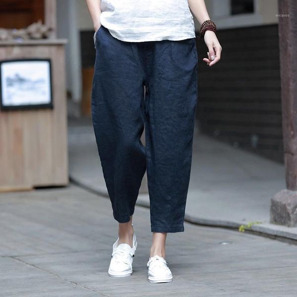 

women summer cotton linen pants ladies solid color elastic waist vintage calf length pants female retro trousers 20201, Black;white