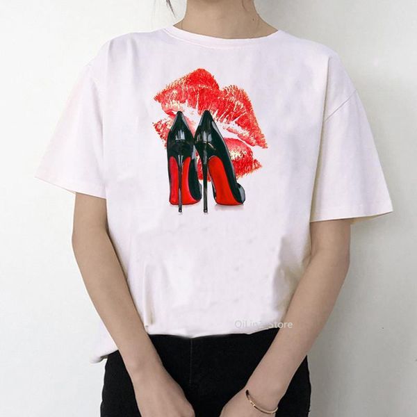 

watercolor high heels shoes red lips print t shirt femme funny t shirt women 90s punk shirt hip hop hipster streetwear, White