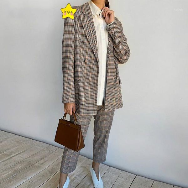 

loulan queen womens business suit plaid pant suits female office ladies double breasted spring two-piece blazer set 2020 new, White;black