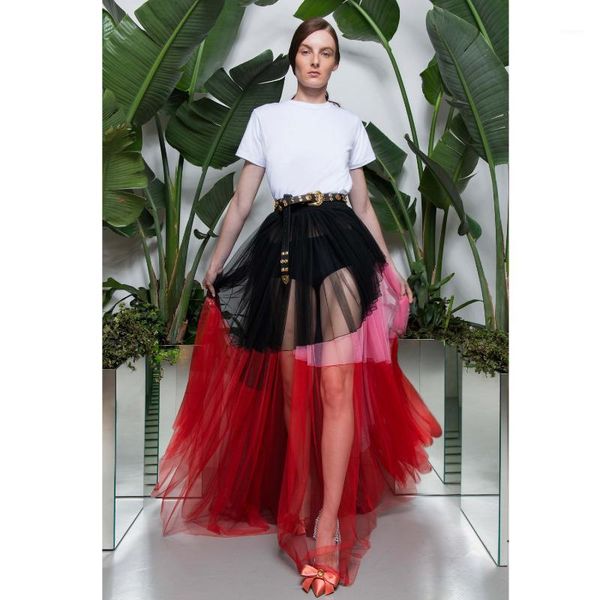 

2021 new chic mix color illusion long women tulle skirts elastic see thru fashion maxi skirt mujer faldas1, Black