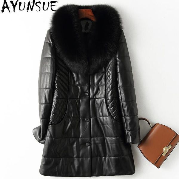 

women's leather & faux ayunsue women's jacket 2021 sheepskin coat autumn winter genuine down jackets fur collar plus size 196031, Black