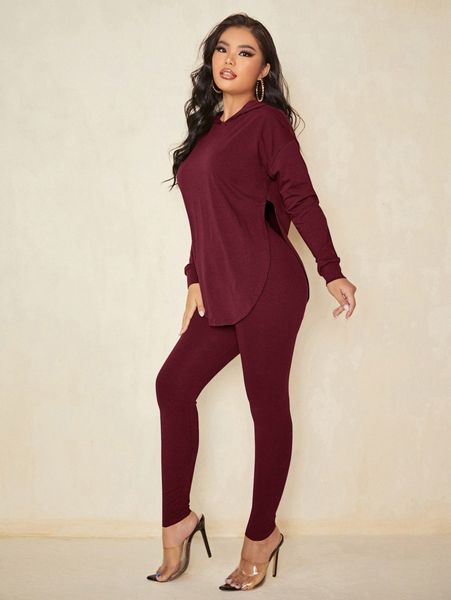 

sxy solid split curved hem hoodie & leggings u1x0#, White