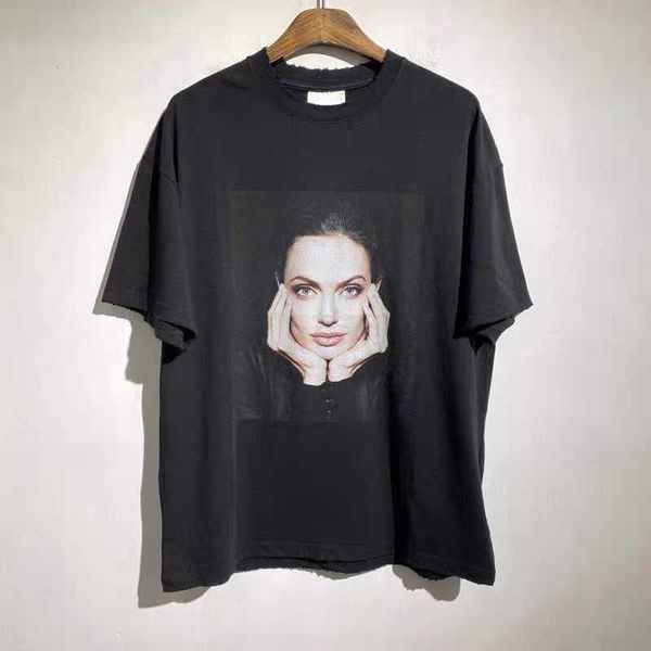 

men's t-shirts high street fashion brand vintage wash worn out angelina jolie character print short sleeve t-shirt, White;black