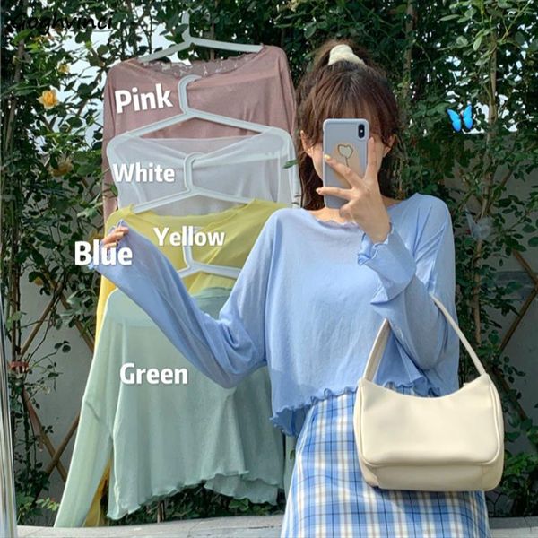 

long sleeve t shirts women summer sun proof thin solid crop loose ins trendy 5 color womens girls ulzzang casual chic, White
