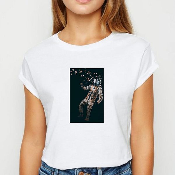 

avant-garde flower astronaut tshirt vogue spring summer vestidos t shirt women funny casual tee shirt round collar t-shirts, White