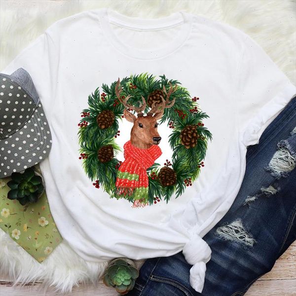 

women deer funny cartoon cute holiday short sleeve merry christmas graphic tees clothes print lady female t shirt t shirt, White