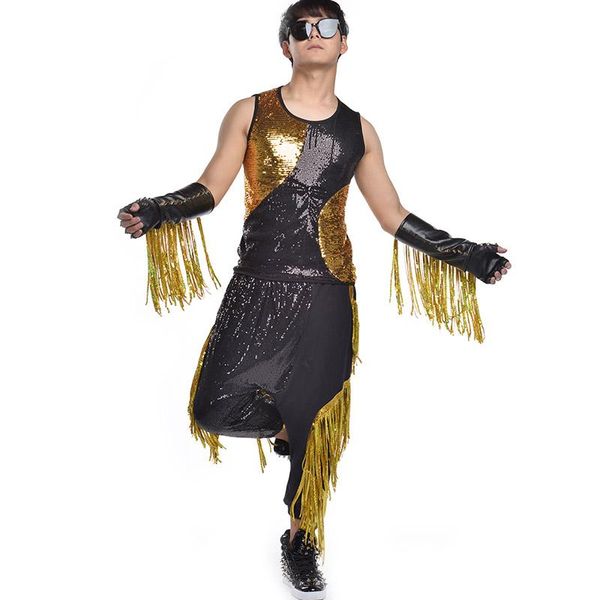 

stage wear bar gogo dancer costume nightclub male jazz dance rock drum singer performance sequins tassel harlan casual pants set bl2208, Black;red