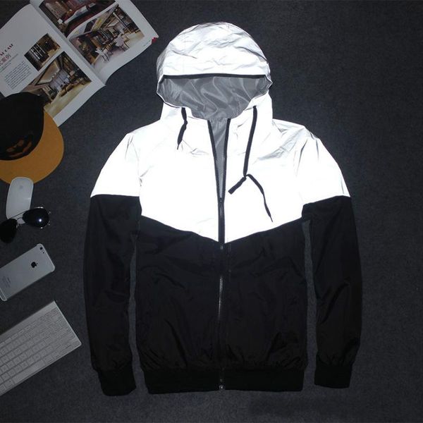 

men's jackets full reflective jacket men windproof harajuku windbreaker hooded hip-hop streetwear night shiny zipper coats jacke, Black;brown