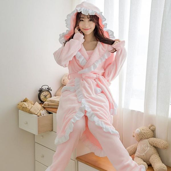 

women's sleepwear flannel hooded lace robe three piece set pajama bathrobe suspender pants set1, Black;red