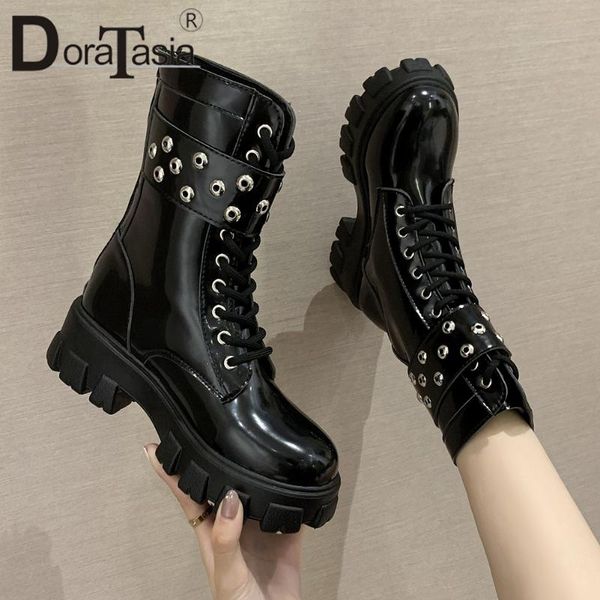 

boots doratasia brand ladies chunky high heels ankle fashion platform party office women cross tied buckle shoes woman, Black