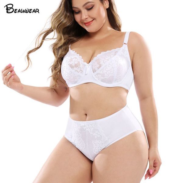 Beauwear Moda Bordado Brasil Bras Underwear Mulheres Plus Size Lingerie Sexy d Dd E Copa Ultratina Sutiã Calcinha Floral Lace Sutiã Set Y200708