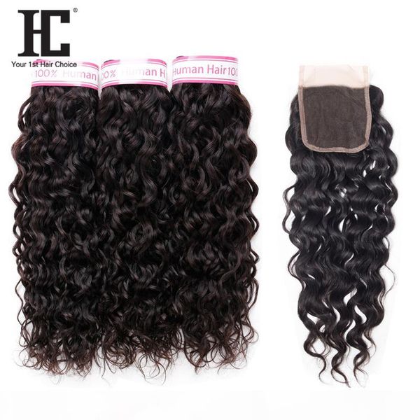 

brazilian virgin hair 3 bundles with 4*4 lace closure 8a unprocessed water wave virgin hair weave bundles and lace closures, Black