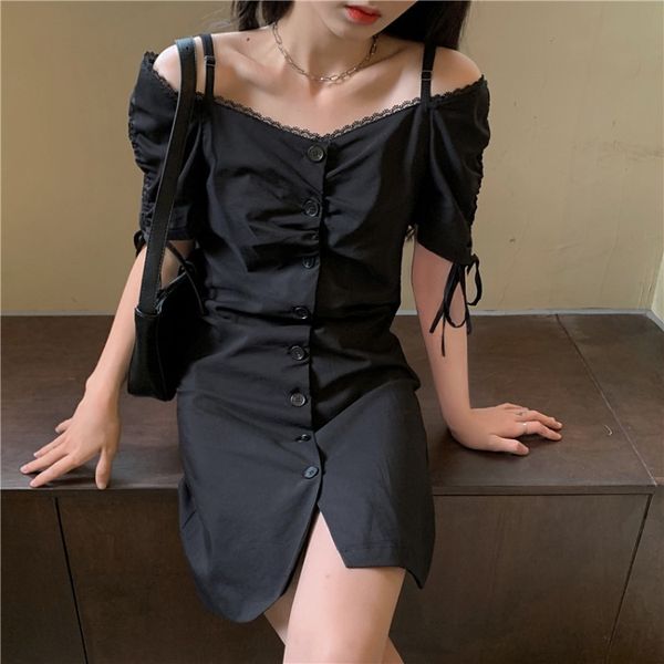 

2021 new girl off the shoulder small black lace edge with closed waist show casual fine line button bandage dress tnxf, Black;gray