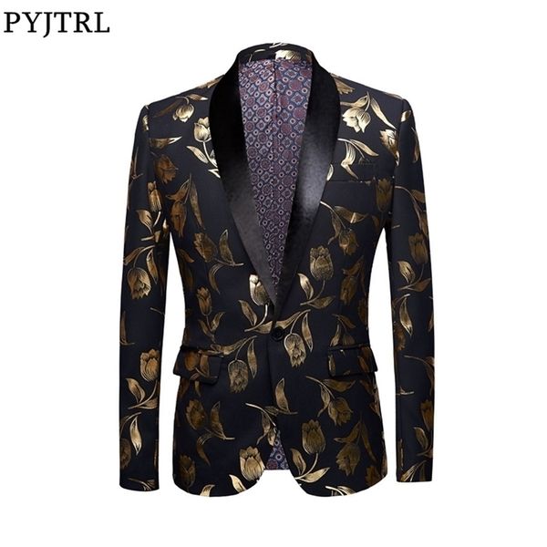 Pyjtrl elegante ouro tulipas padrão casual blazer homens terno jaqueta britânica cavalheiro casamento noivo slim fit moda casaco roupa outfit 201104