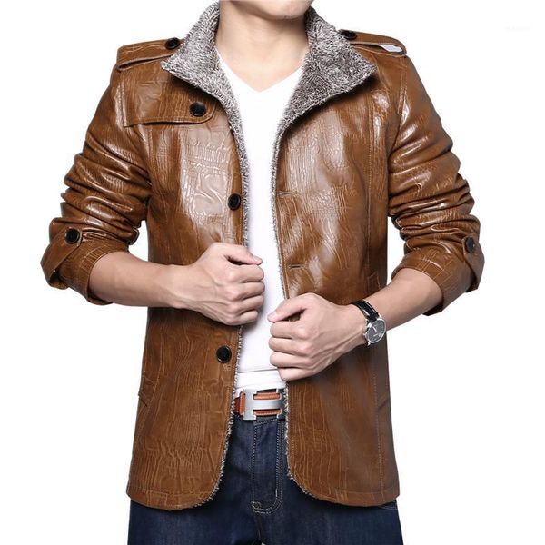 

2021 autumn and winter men's leather warm plus fat to increase the size of one fur pu fur jacket plus cashmere thick jacket male1, Black;brown