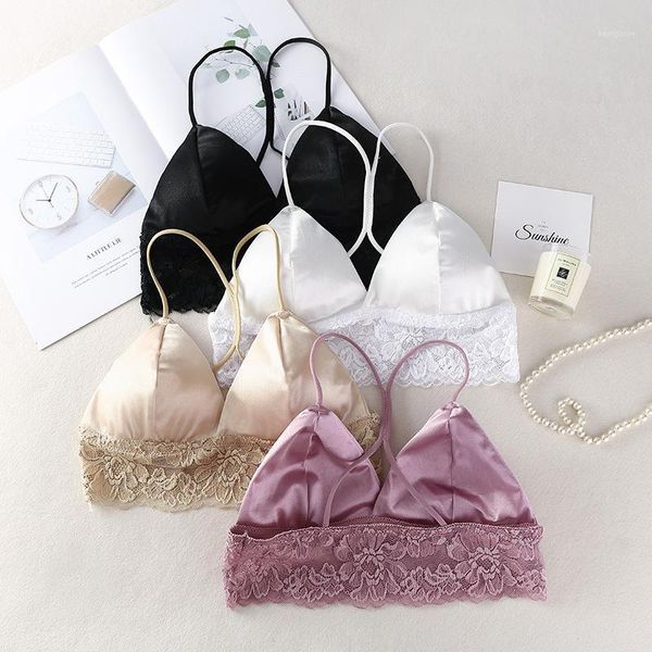 

silk bras for women satin wireless ladies lingerie crop women satin silk camis bralette beauty back lace tube1, Black;white