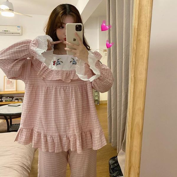 

women's sleepwear xifer plaid pajama set ladies korean sweet princess cute cotton full sleeve autumn 2-piece  for women, Black;red