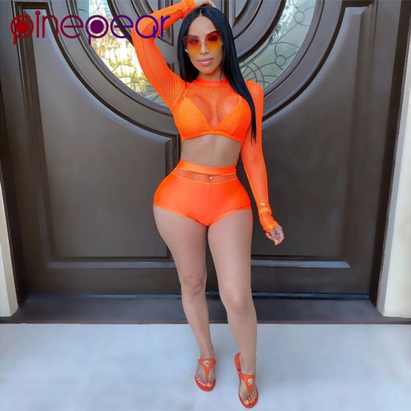 

pinepear summer see through club women two piece outfits mesh patchwork full sleeve crop + shorts 2 piece set wholesale t200619, White