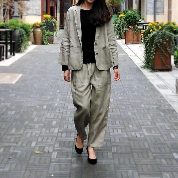 

women loose linen suits solid color vintage flax suits blazer+elastic waist pants female1, White