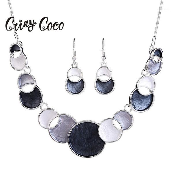 

earrings & necklace fashion round statement 2021 big necklaces and sets for women year gifts charm enamel geometry jewelry set1, Silver