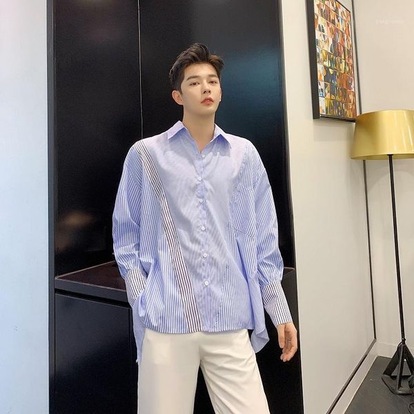 

new male streetwear fashion hip hop loose korea style couple blouse shirt men irregular stripe splice casual long sleeve shirt1, White;black