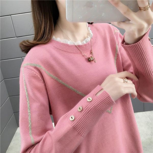 

women's sweaters 2021 autumn winter women's sweater and pullovers fashion loose lace patchwork long sleeve ladies knitted jumper, White;black