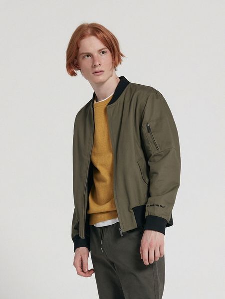 

men contrast collar letter embroidery zip up bomber jacket 67lu#, Black;brown