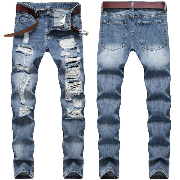 

men distressed ripped jeans slim fit straight denim washed destroyed hole biker jeans hip hop men streetwear 0607#, Blue