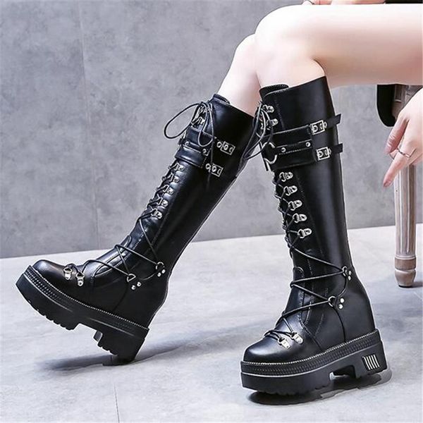 

boots autumn rivet buckle knee high women punk gothic platform woman metal lace up chunky riding hidden heel shoes, Black