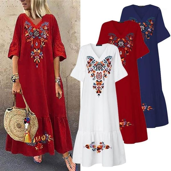 

2020 bohemian women dress summer sundress zanzea ladies floral print long maxi vestidos vintage ruffles elegant dress beach robe1, White;black