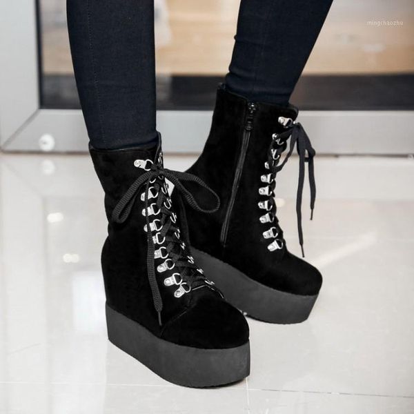 

boots 2021 autumn winter big size 34-43 brand design ladies high platform fashion zip heels women wedges shoes 1061, Black