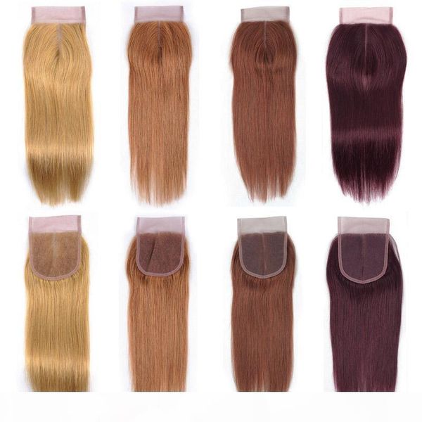 

pure colored hair lace closure vendors brazilian human hair 4x4 lace closure color 27 30 33 99j honey blonde medium auburn dark red, Black;brown