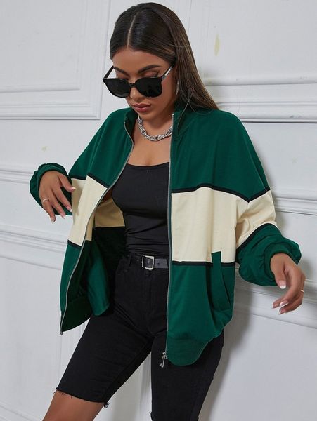 

color block drop shoulder slant pockets jacket h9mm#, Black;brown