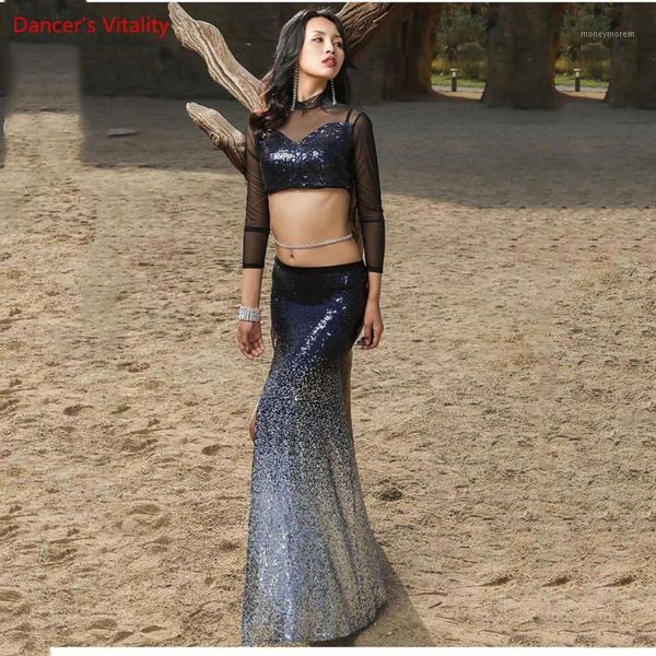 

autumn and winter new women 2 piece set oriental dance costume double color contrast mesh outfit bellydance practice wear1, Black;red