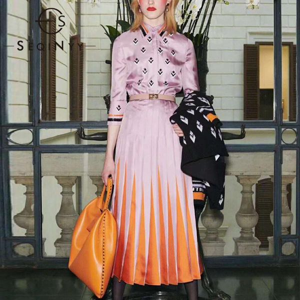 

seqinyy pleated dress 2020 summer spring new star fashion design geometric print purple orange gradient midi dress, White;black