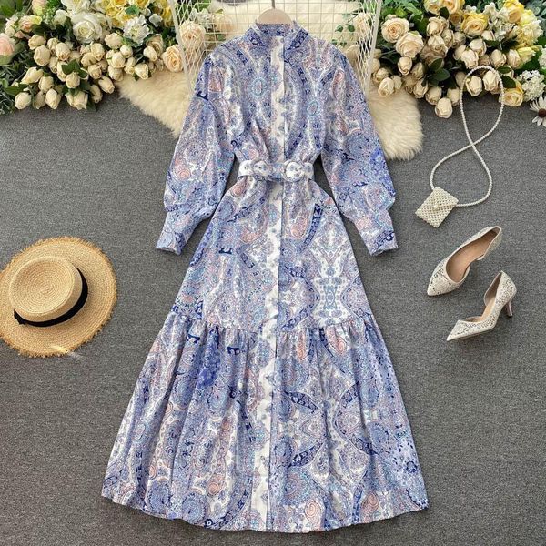 

luxury european runway vintage dress floral golden print shirt dresses women holiday party boho maxi dress vestidos1, Black;gray