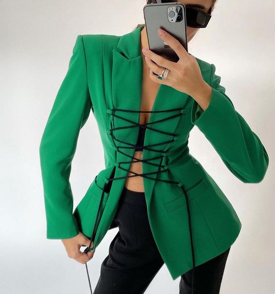 

fantoye women fashion lace up blazer 2021 spring new irregular elegant jackets ladies formal suit for womenkorean streetwear, White;black