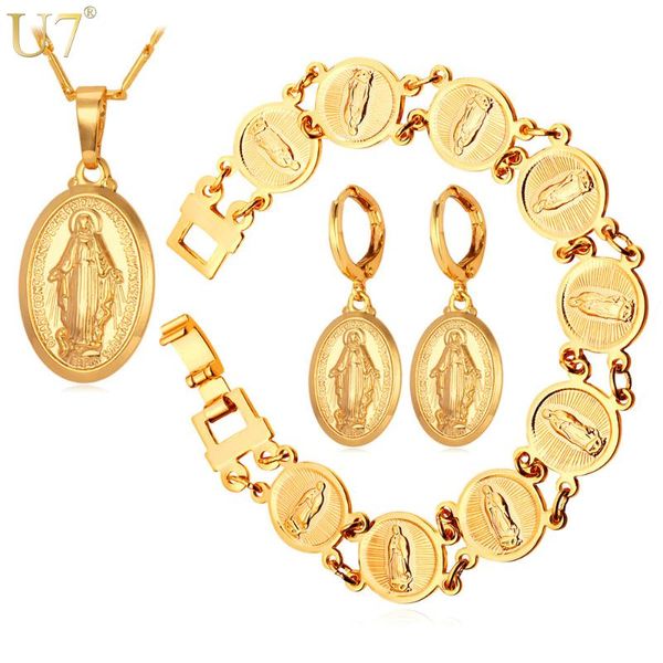 

u7 new virgin mary earrings bracelet necklace set wholesale trendy gold color christian cross women jewelry sets s681, Silver