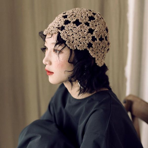 

beanie/skull caps retro fashion personality knitted bonnet spring and summer foldable hand hook flower pot hat, Blue;gray