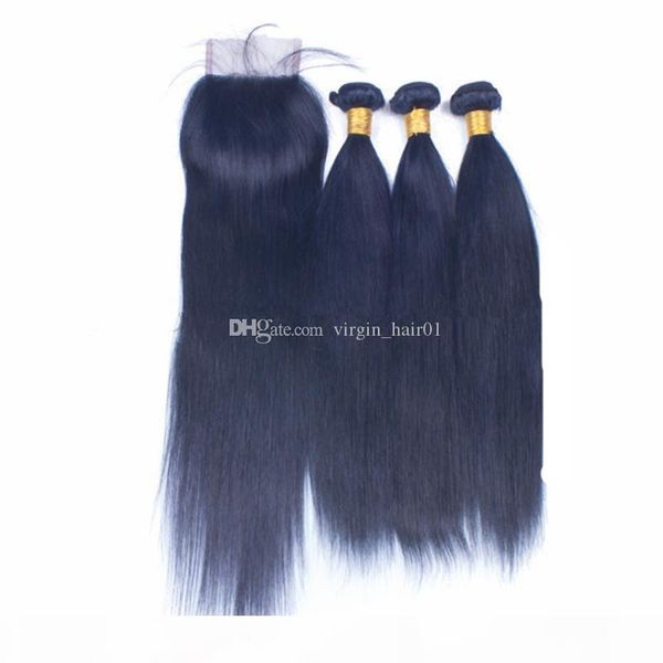 

straight blue hair bundles with lace closure blue virgin human hair extensions with 4x4 lace closure blue 3 bundle deals with lace closure, Black;brown