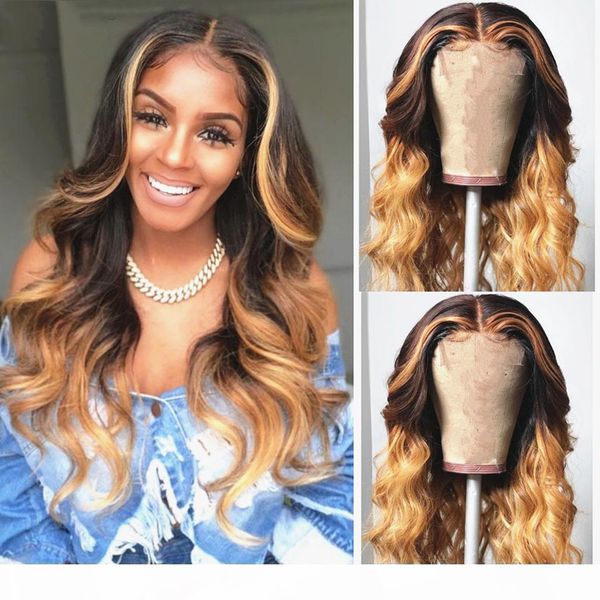 

honey blonde highlight ombre body wave wig brazilian lace front human hair wigs for black women colored human hair wigs, Black;brown