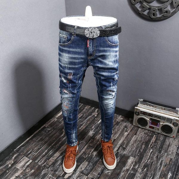 

fashion streetwear men jeans retro blue elastic slim fit ripped hip hop denim trousers patchwork designer spliced biker pants1
