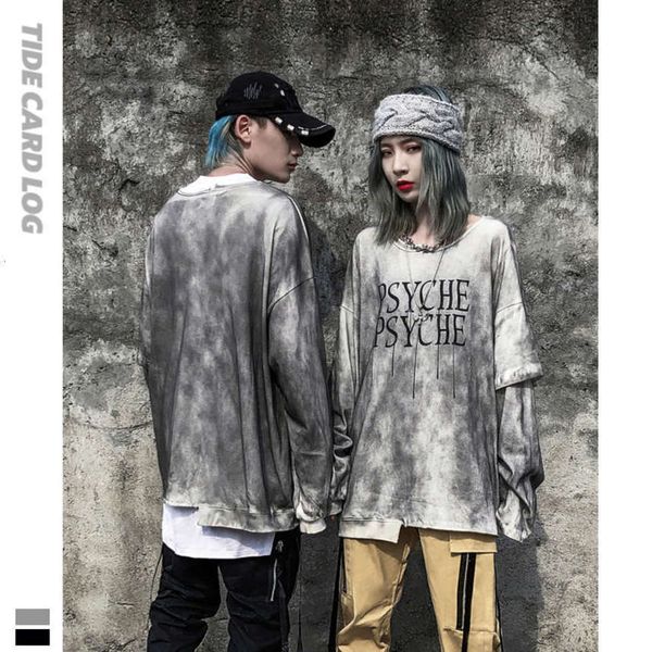 

spray painted old irregular round neck long sleeve t-shirt high street dark department loose backing thin trendy brand men's and women&, Black
